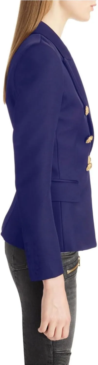 Women's Casual Blazer with Gold Buttons - Long Sleeve, Draped Open Front Cardigan Jacket with Pockets