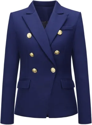 Women's Casual Blazer with Gold Buttons - Long Sleeve, Draped Open Front Cardigan Jacket with Pockets