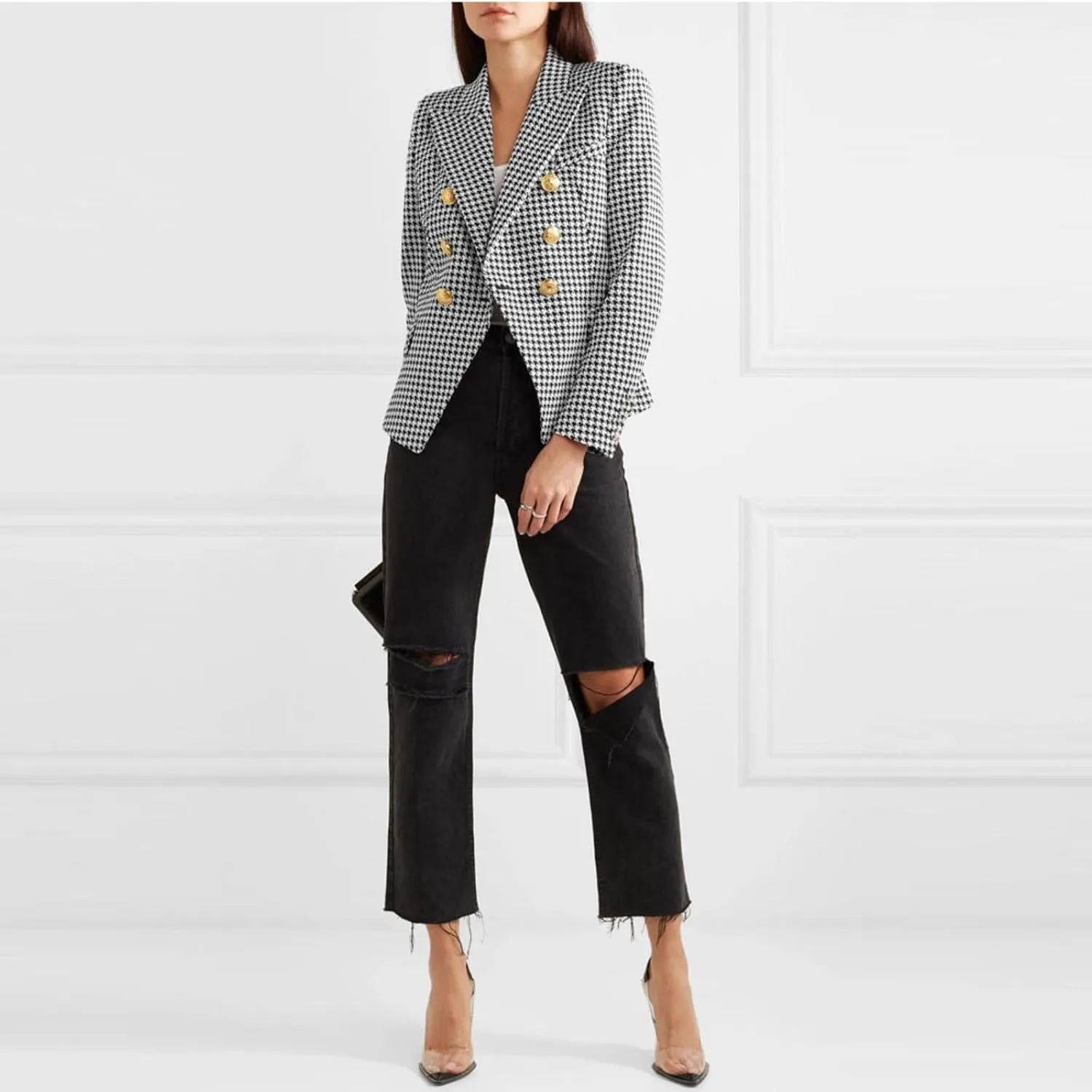Women's Casual Blazer with Gold Buttons - Long Sleeve, Draped Open Front Cardigan Jacket with Pockets