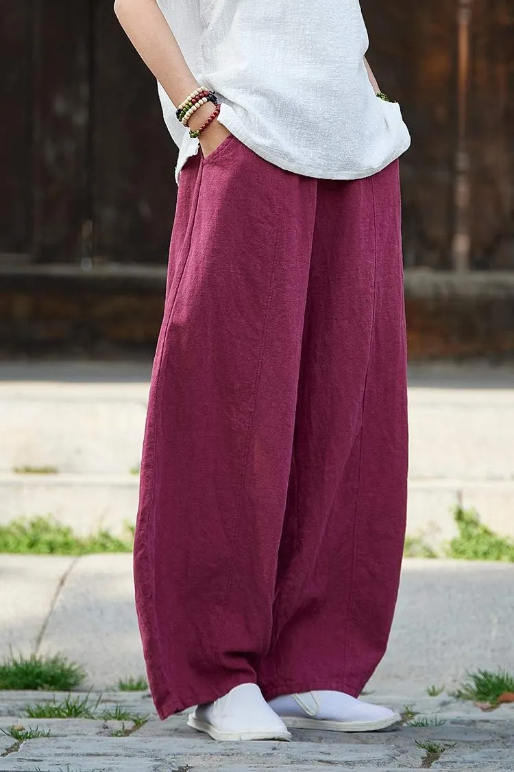 Women's Casual Cotton Linen Baggy Pants with Elastic Waist Relax Fit Lantern Trouser Ramie Wide Leg Trousers
