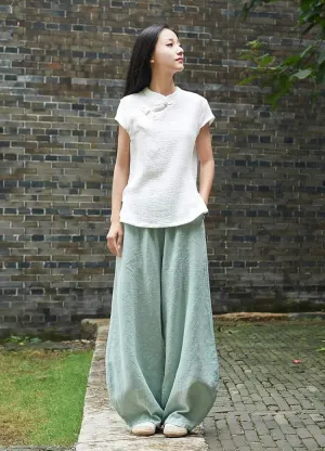 Women's Casual Cotton Linen Baggy Pants with Elastic Waist Relax Fit Lantern Trouser Ramie Wide Leg Trousers