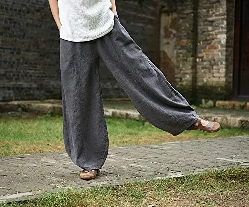 Women's Casual Cotton Linen Baggy Pants with Elastic Waist Relax Fit Lantern Trouser Ramie Wide Leg Trousers