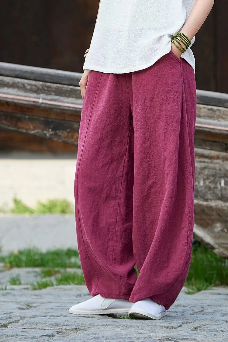 Women's Casual Cotton Linen Baggy Pants with Elastic Waist Relax Fit Lantern Trouser Ramie Wide Leg Trousers