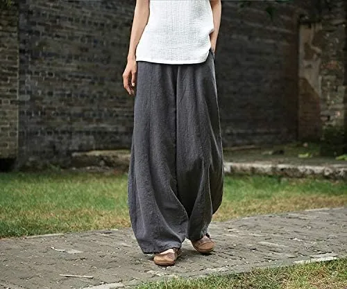 Women's Casual Cotton Linen Baggy Pants with Elastic Waist Relax Fit Lantern Trouser Ramie Wide Leg Trousers