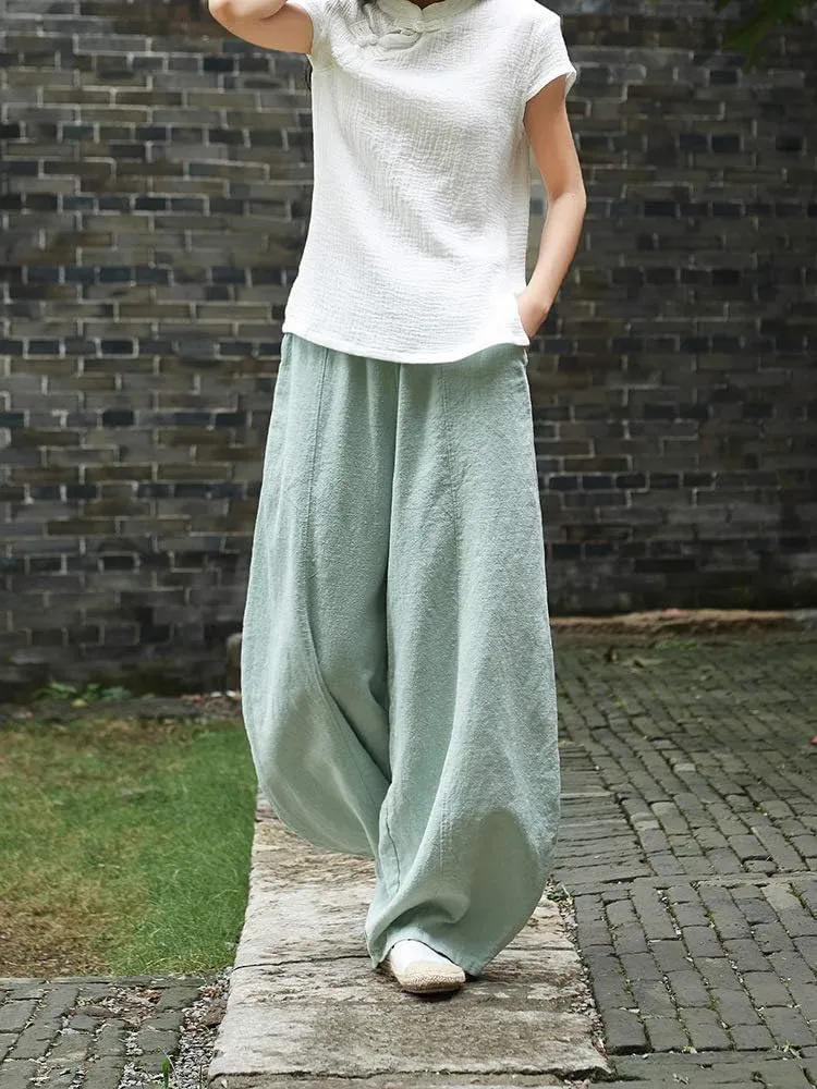 Women's Casual Cotton Linen Baggy Pants with Elastic Waist Relax Fit Lantern Trouser Ramie Wide Leg Trousers