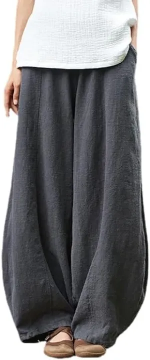 Women's Casual Cotton Linen Baggy Pants with Elastic Waist Relax Fit Lantern Trouser Ramie Wide Leg Trousers