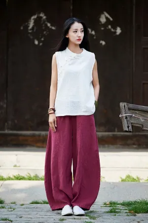 Women's Casual Cotton Linen Baggy Pants with Elastic Waist Relax Fit Lantern Trouser Ramie Wide Leg Trousers
