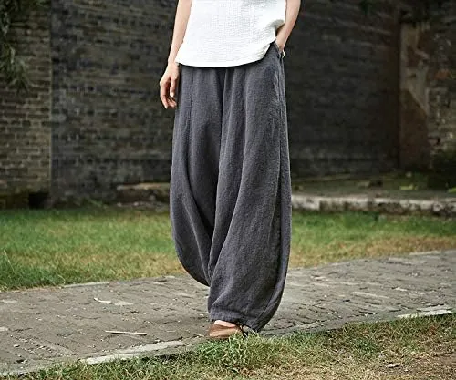 Women's Casual Cotton Linen Baggy Pants with Elastic Waist Relax Fit Lantern Trouser Ramie Wide Leg Trousers