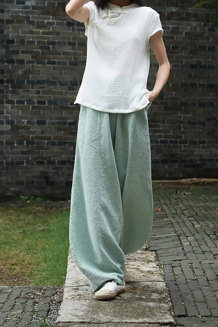 Women's Casual Cotton Linen Baggy Pants with Elastic Waist Relax Fit Lantern Trouser Ramie Wide Leg Trousers