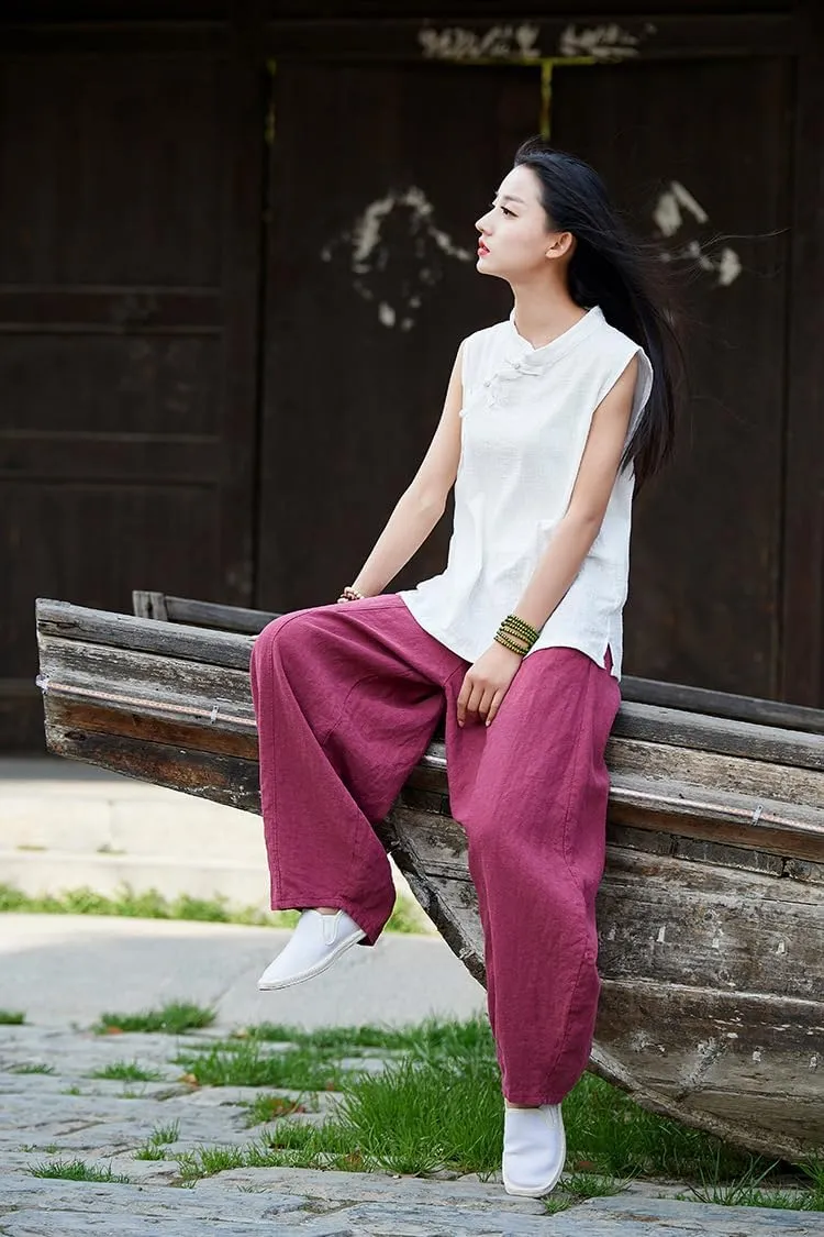 Women's Casual Cotton Linen Baggy Pants with Elastic Waist Relax Fit Lantern Trouser Ramie Wide Leg Trousers