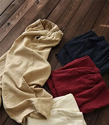 Women's Casual Cotton Linen Baggy Pants with Elastic Waist Relax Fit Lantern Trouser Ramie Wide Leg Trousers