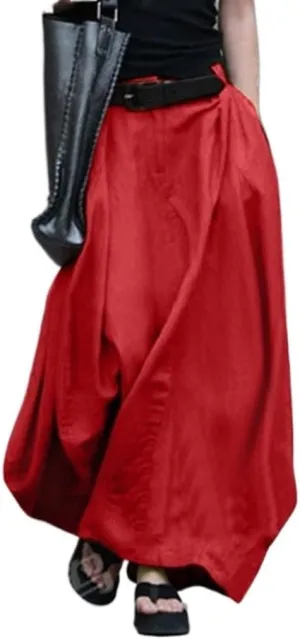Women's Casual Cotton Midi Skirts Casual High Waist a Line Pleated Swing Midi Skirt With Pockets