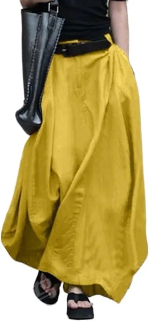 Women's Casual Cotton Midi Skirts Casual High Waist a Line Pleated Swing Midi Skirt With Pockets