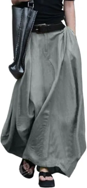 Women's Casual Cotton Midi Skirts Casual High Waist a Line Pleated Swing Midi Skirt With Pockets