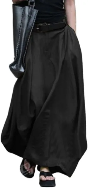 Women's Casual Cotton Midi Skirts Casual High Waist a Line Pleated Swing Midi Skirt With Pockets