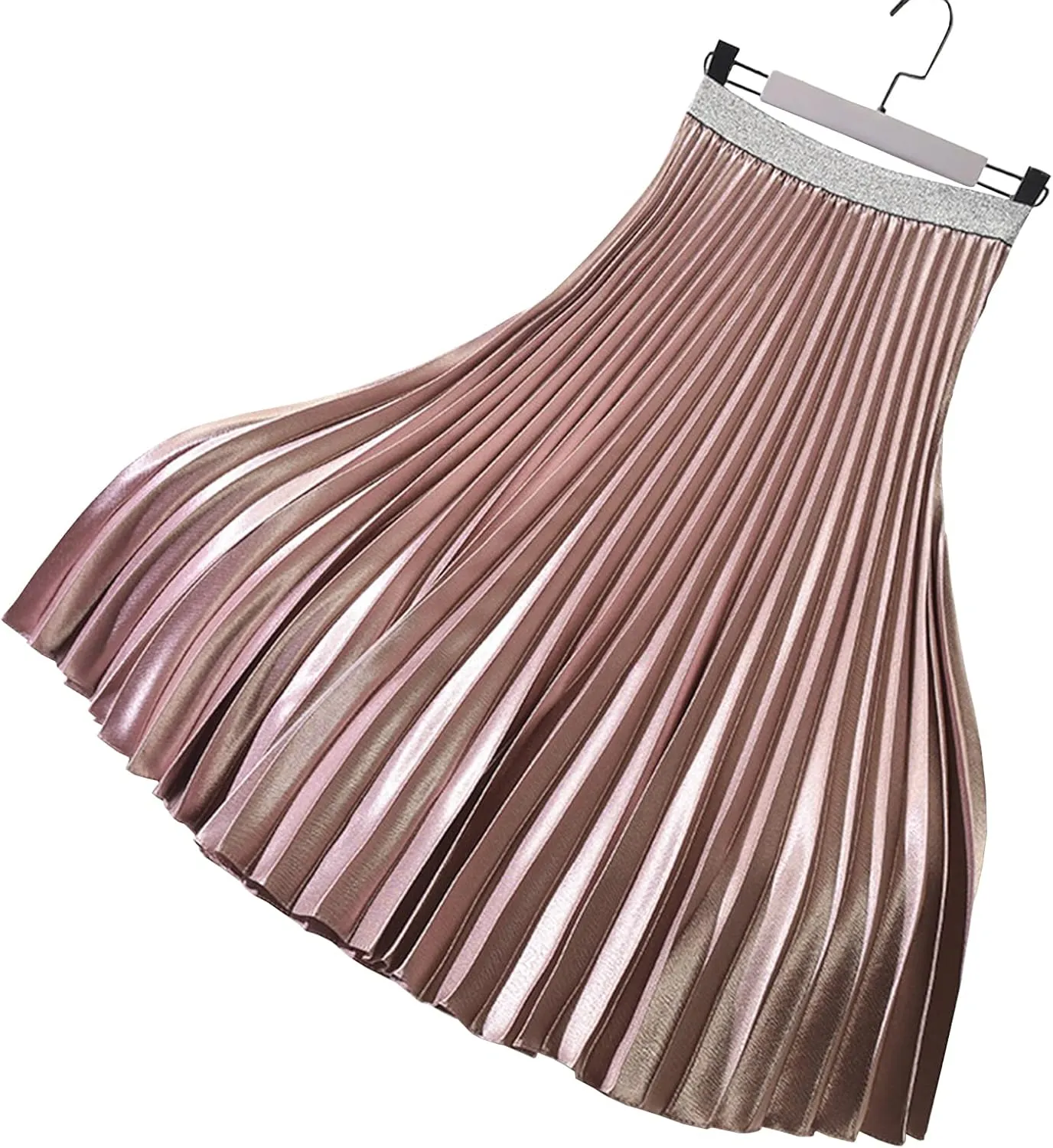Womens Casual Elastic Waist Metallic Pleated Accordion Midi Long Skirts