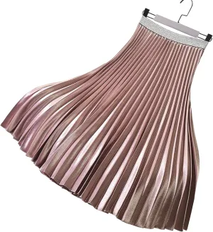 Womens Casual Elastic Waist Metallic Pleated Accordion Midi Long Skirts