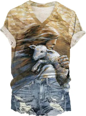 Womens Christian Shirts Jesus and Sheep Vneck T-Shirt for Women Oil Painting Style Printed Graphic Tshirt