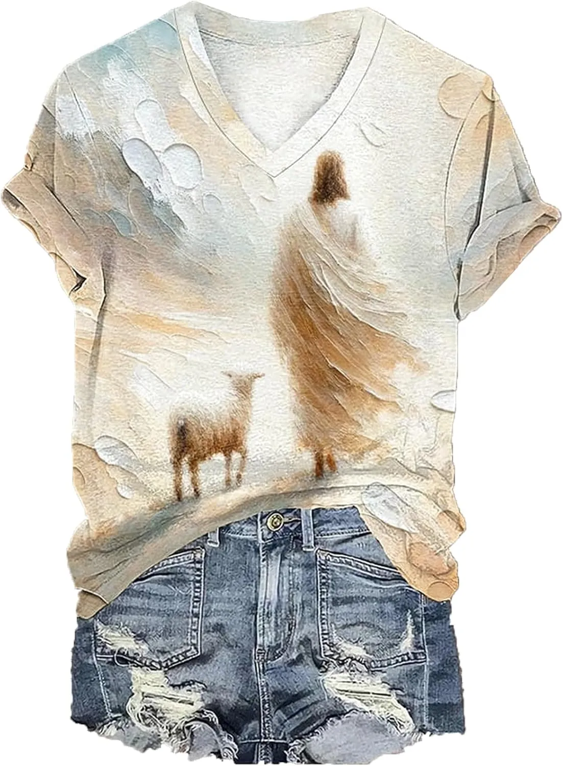 Womens Christian Shirts Jesus and Sheep Vneck T-Shirt for Women Oil Painting Style Printed Graphic Tshirt