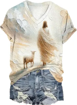 Womens Christian Shirts Jesus and Sheep Vneck T-Shirt for Women Oil Painting Style Printed Graphic Tshirt