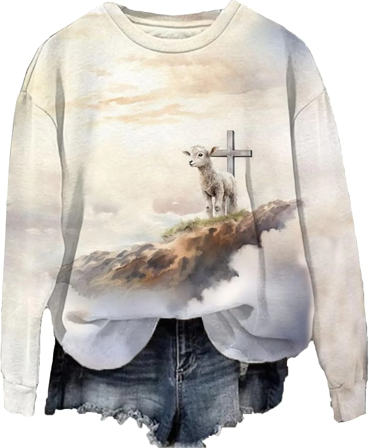 Womens Christian Sweatshirt for Women Jesus and Lost Sheep Shirt for Woman Printed Graphic Sweatshirt