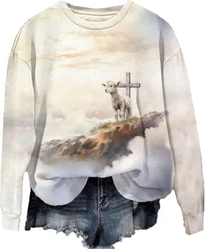 Womens Christian Sweatshirt for Women Jesus and Lost Sheep Shirt for Woman Printed Graphic Sweatshirt
