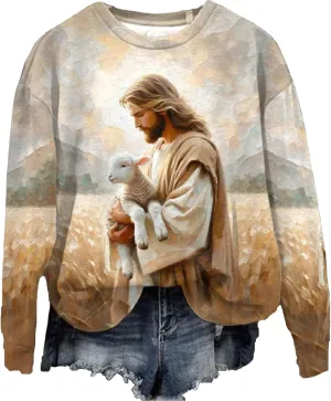 Womens Christian Sweatshirt for Women Jesus and Lost Sheep Shirt for Woman Printed Graphic Sweatshirt
