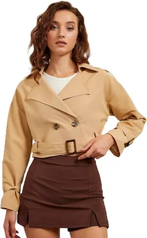 Women's Cropped Jacket Long Sleeve Crop Trench Coat Loose Pea Outwear with Belt, Khaki Color