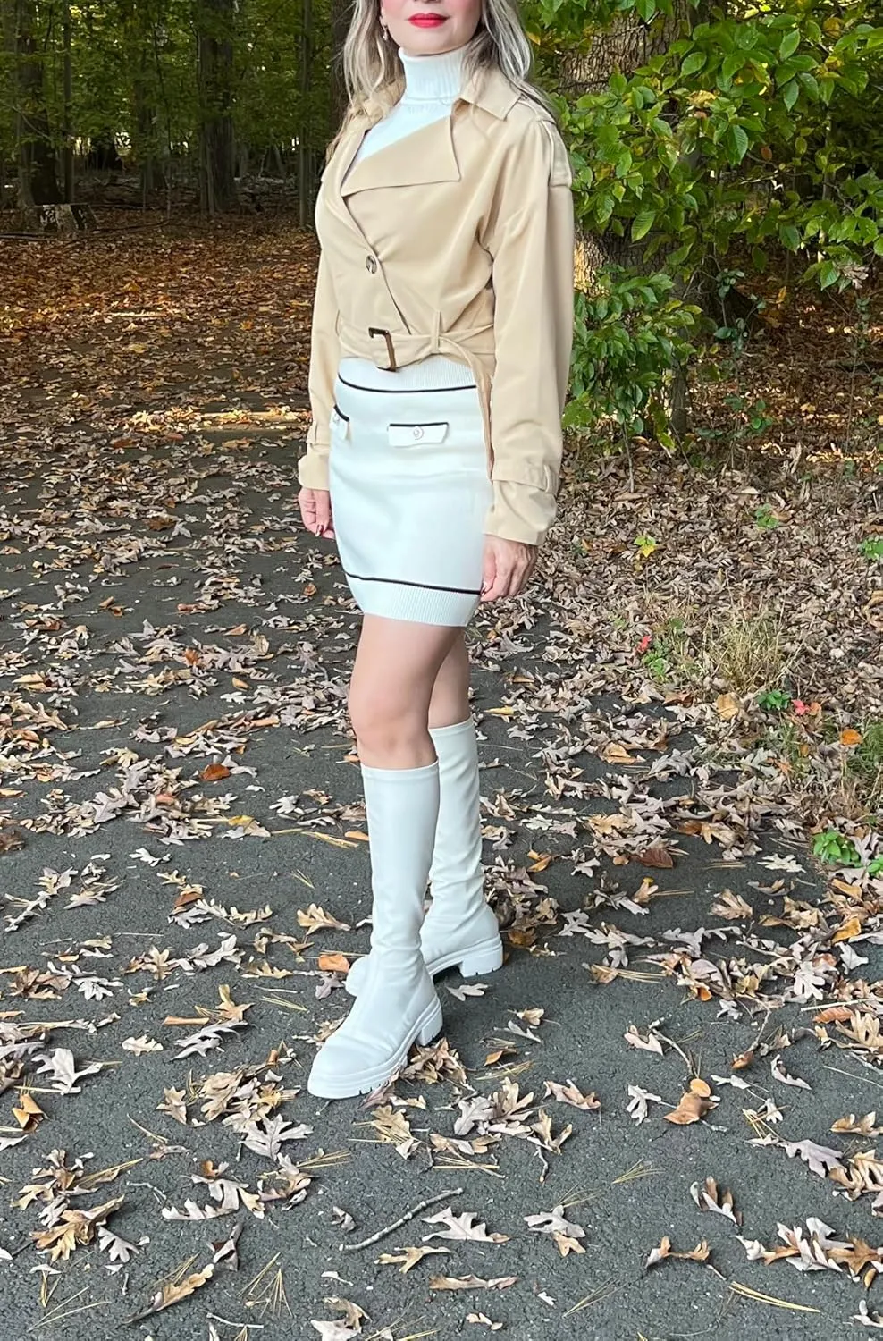 Women's Cropped Jacket Long Sleeve Crop Trench Coat Loose Pea Outwear with Belt, Khaki Color