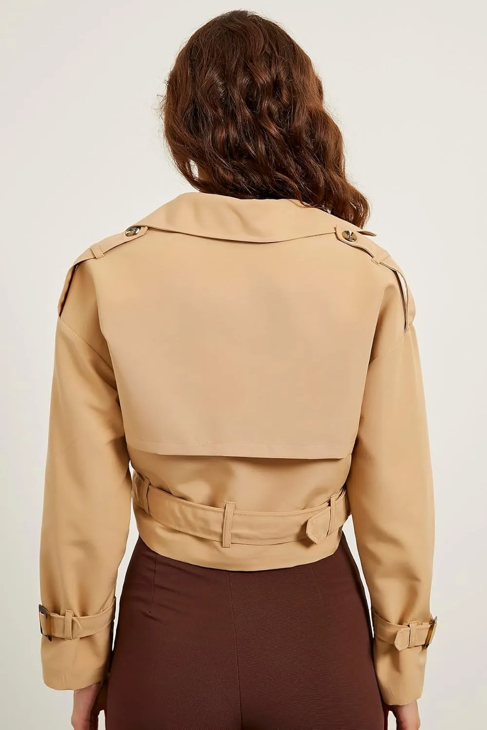 Women's Cropped Jacket Long Sleeve Crop Trench Coat Loose Pea Outwear with Belt, Khaki Color
