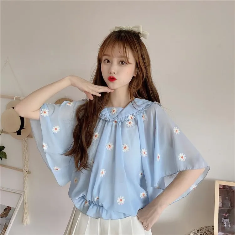 Women's Cute Peter Pan Collar Floral Chiffon Shirts
