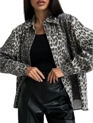 Women's Denim Jacket with Retro Leopard Print Button up top and Women's Lapel Long Sleeved Leopard Print Jacket