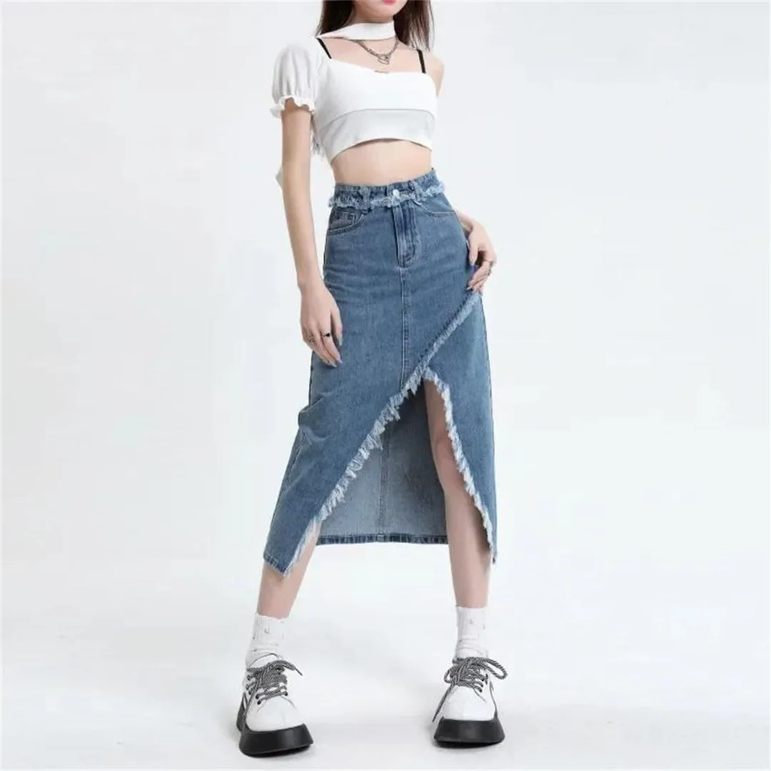 Women's Denim Korean Style High-Waisted Loose-Fit Side Slit Fringe Wrap Around Mid-Length Skirt