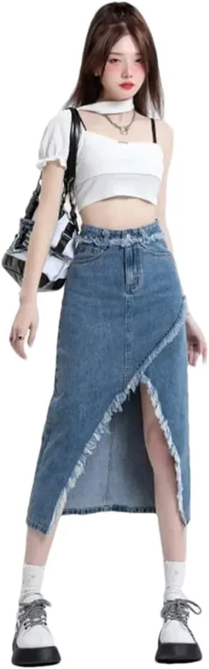 Women's Denim Korean Style High-Waisted Loose-Fit Side Slit Fringe Wrap Around Mid-Length Skirt