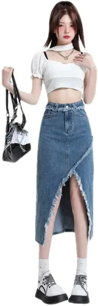 Women's Denim Korean Style High-Waisted Loose-Fit Side Slit Fringe Wrap Around Mid-Length Skirt