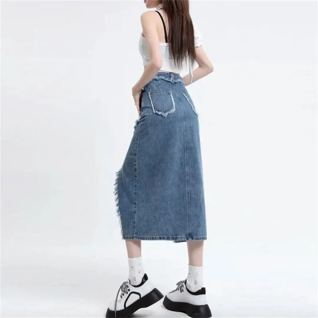 Women's Denim Korean Style High-Waisted Loose-Fit Side Slit Fringe Wrap Around Mid-Length Skirt