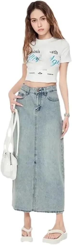 Women's Design High-Waisted Side Slit Denim Loose Fit Slimming A- Line Medium Length Skirt