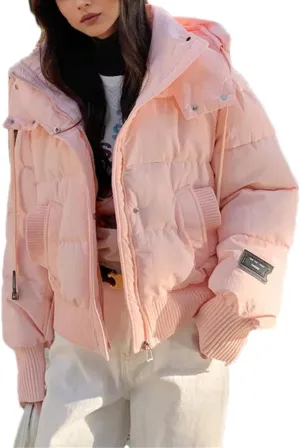 Women's Drawstring Hooded Cotton-Padded Jacket Casual Threaded Splicing Short Parka Coat