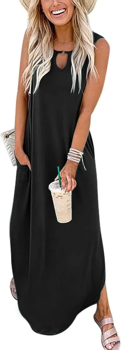 Womens Dresses Sleeveless Casual Loose Long Maxi Summer Beach Cover Ups Sun Boho Dress Split with Pockets