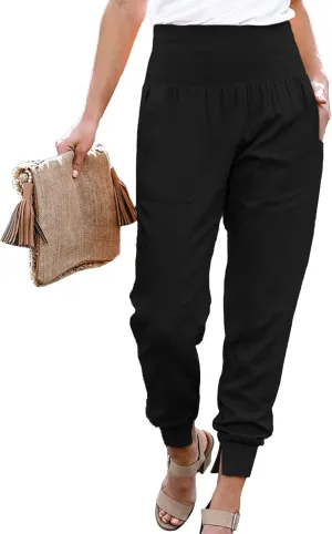 Womens Elastic High Waist Split Hem Pockets Trousers Ladies asual Sweatpants Loose Drawstring Pencil Pants(S-Black)