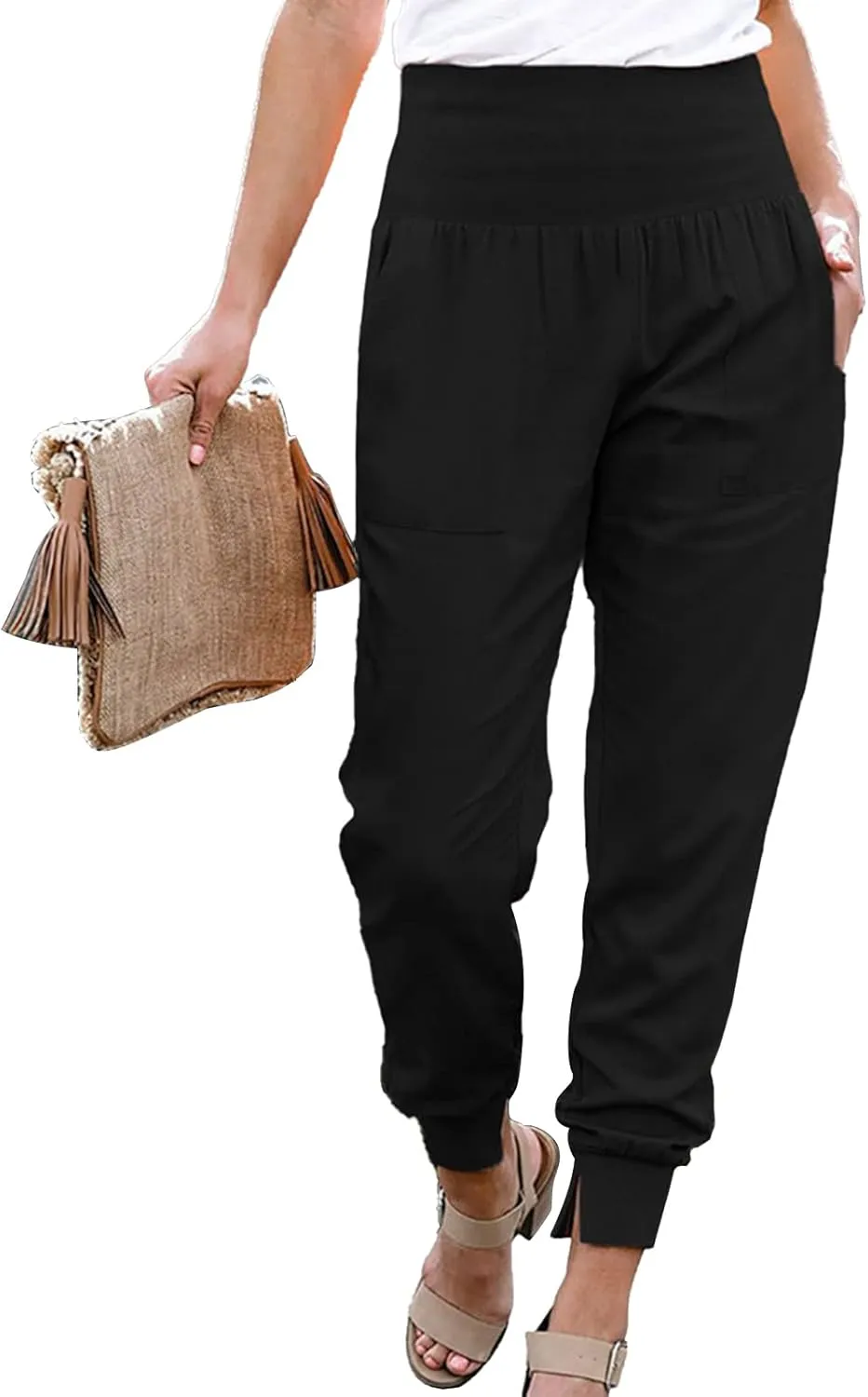 Womens Elastic High Waist Split Hem Pockets Trousers Ladies asual Sweatpants Loose Drawstring Pencil Pants(S-Black)