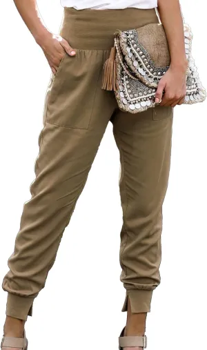Womens Elastic High Waist Split Hem Pockets Trousers Ladies asual Sweatpants Loose Drawstring Pencil Pants(XL-Khaki)