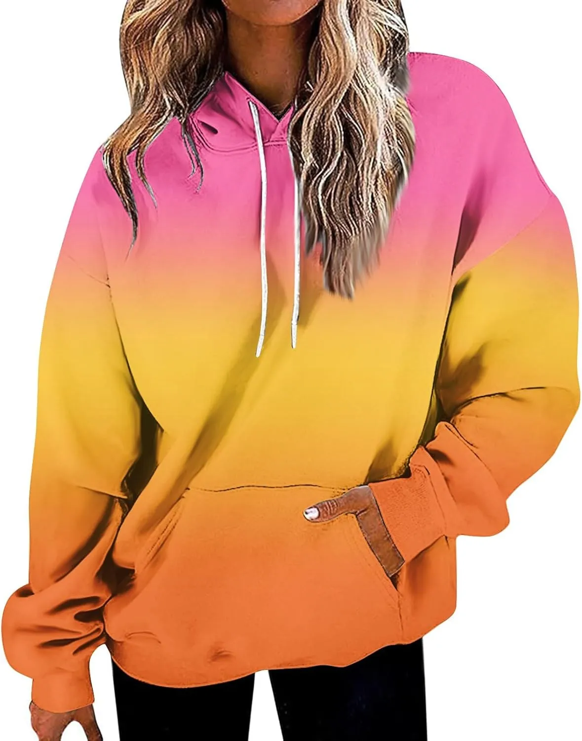 Womens Fall Fashion Hoodies Long Sleeve Hooded Drawstring Sweatshirt Gradient Printed Graphic Daily Pullover Tops