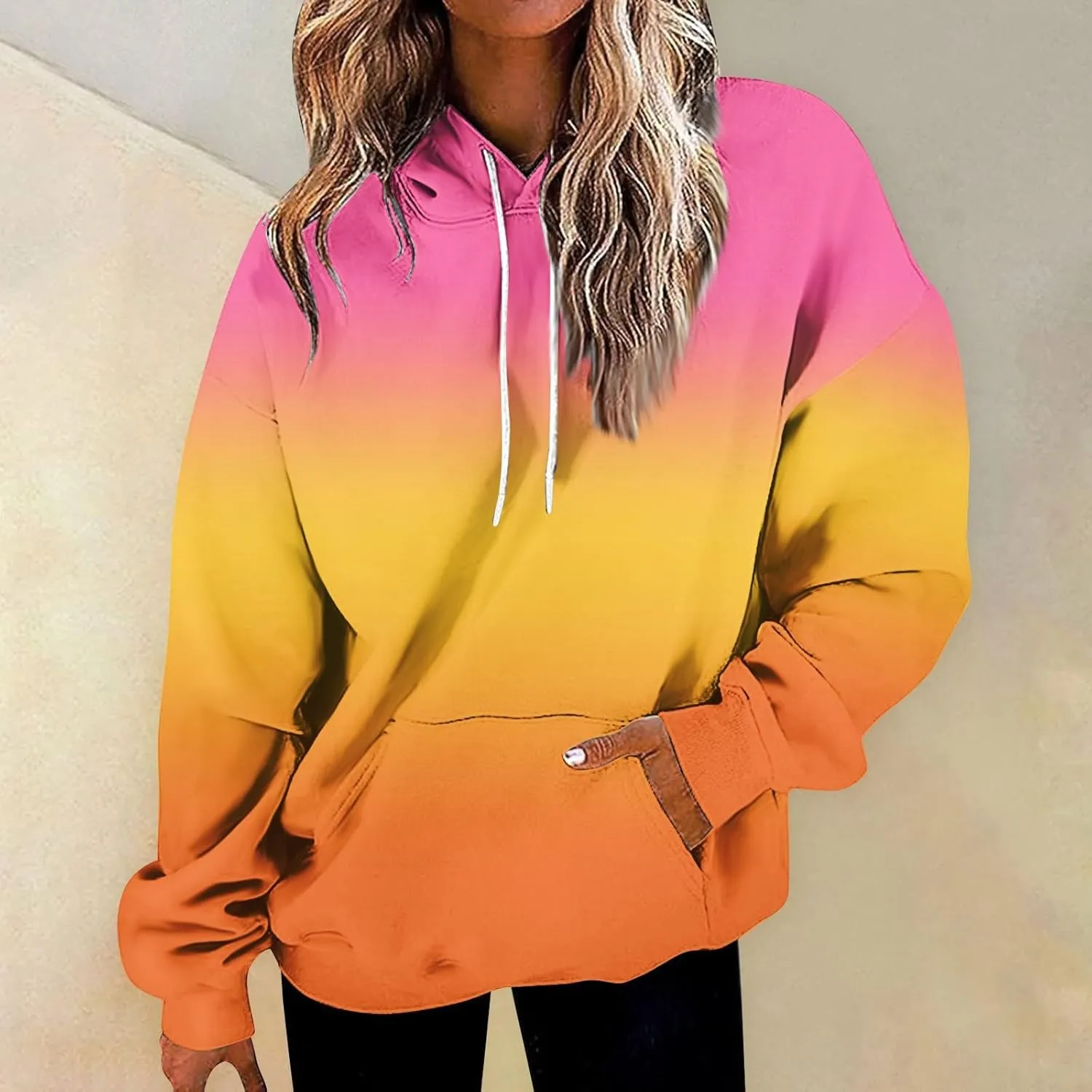 Womens Fall Fashion Hoodies Long Sleeve Hooded Drawstring Sweatshirt Gradient Printed Graphic Daily Pullover Tops