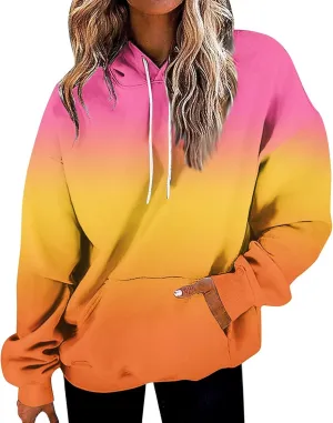 Womens Fall Fashion Hoodies Long Sleeve Hooded Drawstring Sweatshirt Gradient Printed Graphic Daily Pullover Tops