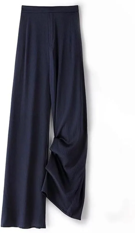 Women's Fashion Elastic Flat Waist Wide Leg Pants 100% Natural Mulberry-Silk Navy Blue Casual Pants