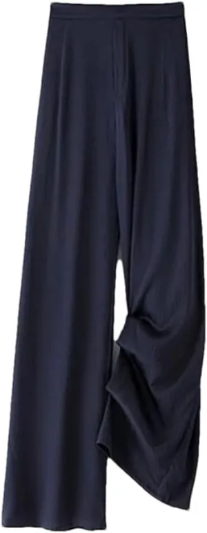 Women's Fashion Elastic Flat Waist Wide Leg Pants 100% Natural Mulberry-Silk Navy Blue Casual Pants