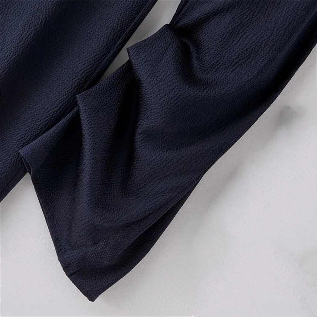 Women's Fashion Elastic Flat Waist Wide Leg Pants 100% Natural Mulberry-Silk Navy Blue Casual Pants