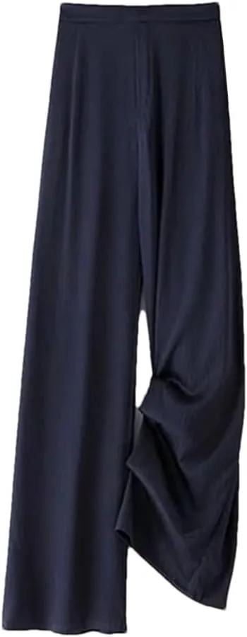 Women's Fashion Elastic Flat Waist Wide Leg Pants 100% Natural Mulberry-Silk Navy Blue Casual Pants