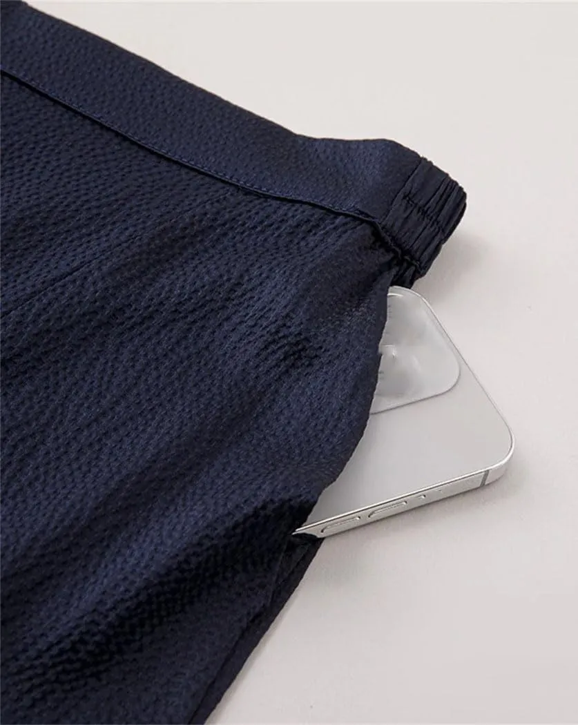 Women's Fashion Elastic Flat Waist Wide Leg Pants 100% Natural Mulberry-Silk Navy Blue Casual Pants